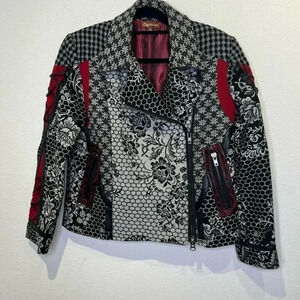 Obstinee by IKA-VTG Black/White-Red patchwork-Belted Biker Jacket size 12
